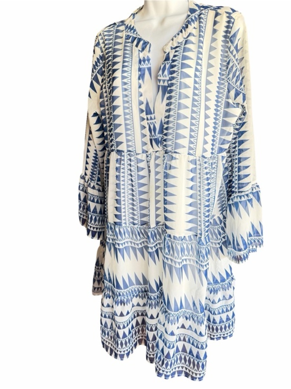 Happy Sailed Blue White Geometric V Neck Tiered Tunic Dress Flared Long Sleeve